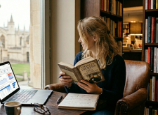 leggere romanzi fa bene donna che legge un romanzo e lavora al computer